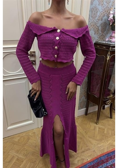 Madonna Yaka Derin Yırtmaç Etekli Şık Triko Takım 10099 Mürdüm