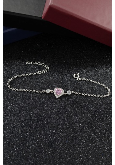 Pembe Kalp Tasarımlı 925 Ayar Gümüş Kadın Ayarlanabilir Bileklik - Gümüş