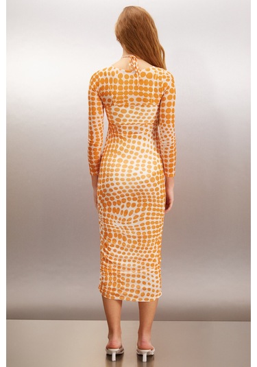Anatola Kadın Tül Mesh Kumaşlı Puantiyeli Boyundan Bağlamalı Turuncu /desenli Elbise