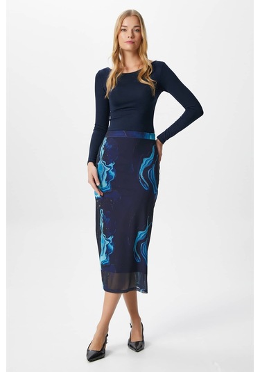 Kadın Dania Astarlı Bel Lastikli Şifon Mavi Midi Kalem Etek Mavi