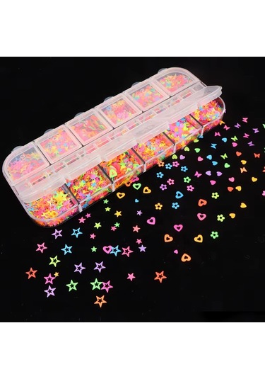 Karanlıkta Parlayan Neon Tırnak Süsleme Folyo Pulları Kalpler Yıldızlar Nail Art