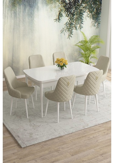 Meri Serisi Beyaz 80x132 Açılabilir Mdf Masa Yemek Odası Takımı, Mutfak Masa Takımı 6 Adet Sandalye Krem Meri Serisi Beyaz 80x132 Açılabilir Mdf Masa Yemek Odası Takımı, Mutfak Masa Takımı 6 Adet Sandalye Krem