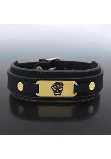 Archin Asker Kafatası Temalı 14 Ayar Altın Plakalı Siyah Derili Oval Motifli Hediye Bileklik-438sembol Asker Kafatası