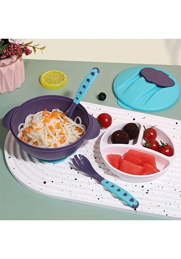 Çocukların Günlük Beslenmesi İçin Vantuz, Kaşık, Çatal, Kase, Kase Kapağı Ve Üç Bölgeli Tabak İçerir