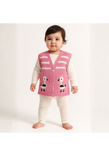 Uretti - Çiğdem 1390 3561 El Örgüsü Ördek Desenli Örgü Yelek /1 - 2 Yaş Pembe