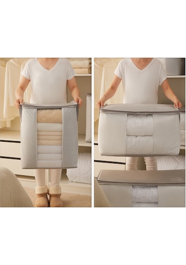 Ocean Home Textile 2'li Pvc Pencereli Stuff & Things Gri Çizgili Hurç Set