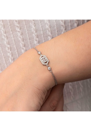 Gümüş Altıgen Baget Taşlı Kadın Bileklik Gümüş