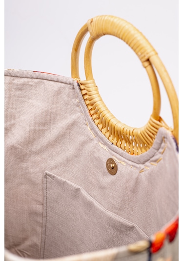 Fabric Craft Bag El Çantası Duck Kumaş Bambu Saplı Desenli Çok renkli