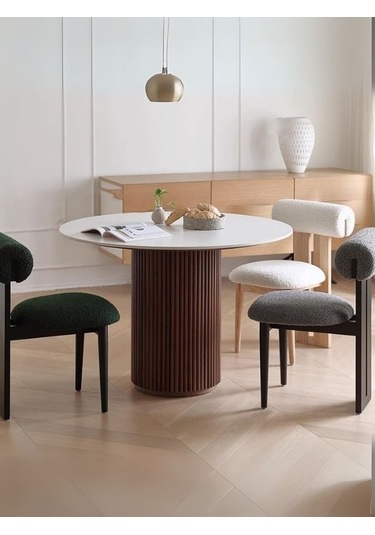 Vintage Yuvarlak Ahşap Bohem Masa 110x110 Beyaz - Ceviz