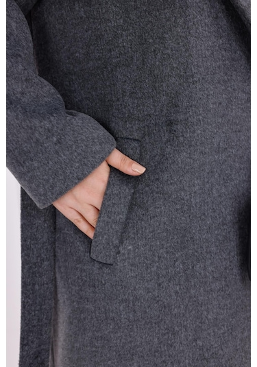 Kadın Gri Yün Kaşe Kemer Ve Astar Detay Büyük Beden Kaban Gri