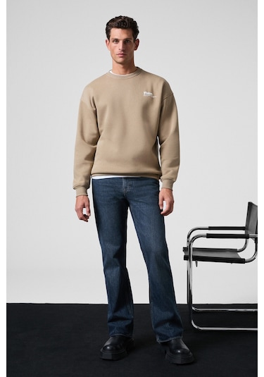 Ernest Erkek Organik Pamuklu Yumuşacık Baskı Detaylı Bisiklet Yaka İçi Polarlı Bej Sweatshirt