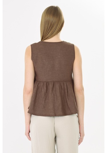 Sortie Collection V Yaka Tek Düğmeli Peplum Kahverengi Keten Bluz
