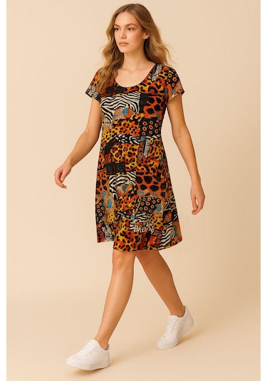 Dökümlü Rahat Kalıp Günlük Penye Kumaş Elbise Kahverengi