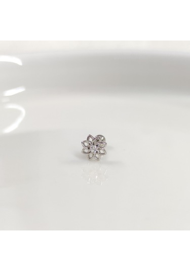 Yıldız Çiçek Gümüş Tragus Pıercıng - Rodyum Beyaz Beyaz
