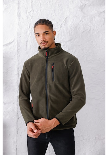 Monox Erkek Biyeli Fermuarlı Spor Polar Ceket Haki