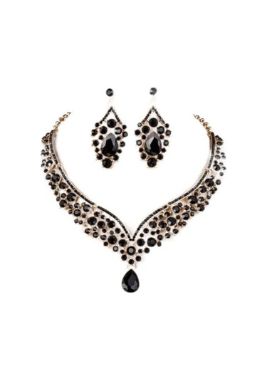 Siyah 1 Takım Gelin Küpe Kolye Su Damlası Şeklinde Rhinestones Takı Geometrik Ayarlanabilir Takı Seti Düğün İçin Siyah