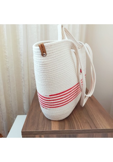 Yazlık Pamuk Dokuma Kadın Omuz Çantası, Plaj Çantası Bej - Kırmızı