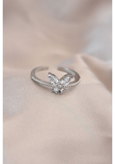 Ayarlamalı Gümüş Renk Metal Zirkon Taş Ve Kristal Taşlı Kelebek Model Yüzük - Tj-byk2052
