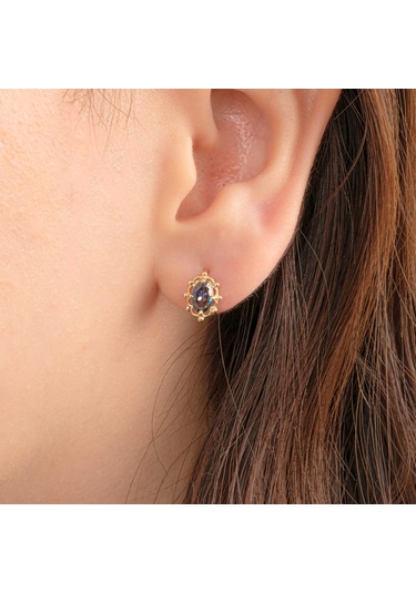 Altın Küpe - 14 Ayar Altın Vintage Tasarım Mistik Topaz Taşlı Küpe Sarı