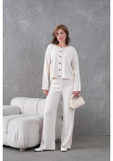 Kadın Bisiklet Yaka Düğme Kapama Kaşkorse Ceket Pantolon İkili Triko Takım Taş