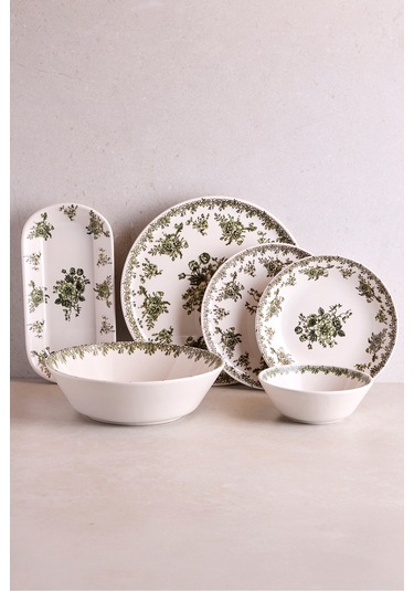 Antik Yeşil 27 Parça 6 Kişilik Seramik Yemek Takımı Vintage Çiçek Desenli Yuvarlak Servis Seti Yesıl Yeşil