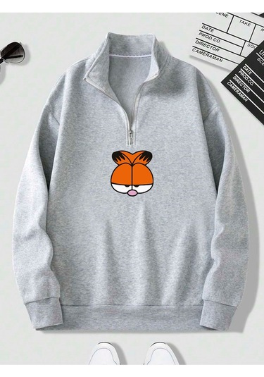 Harmandar Gri Erkek Garfield Baskılı Dik Yaka Yarım Fermuarlı Kazak Sweatshirt Grigarfielddikyaka