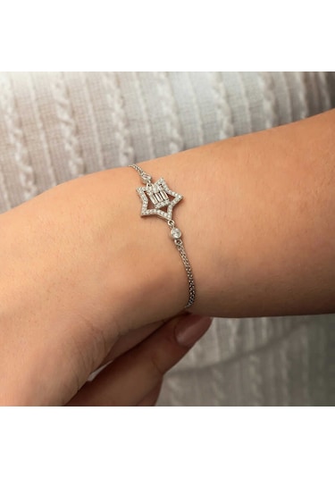 Gümüş Baget Taşlı Yıldız Kadın Bileklik Gümüş