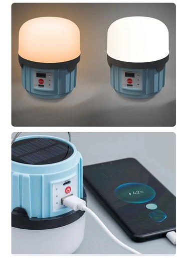 Solar Işıldak Şarjlı Kamp Feneri Usb + Çift Renk Yanma Askılı Solar Kamp Lambası 30w Beyaz - Mavi