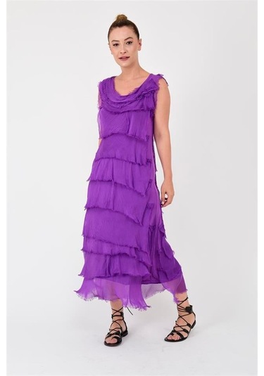 Italyan 2 Beden İnce Gösteren Kat Kat Kolsuz Ipek Elbise Kmor