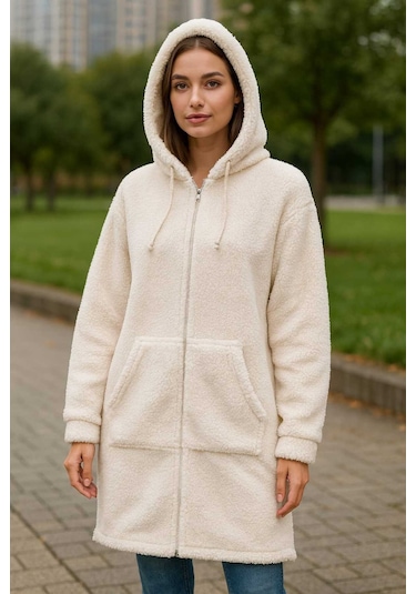 Tenra Kadın Peluş Mont Kapüşonlu Geniş Kalıp Krem Krem