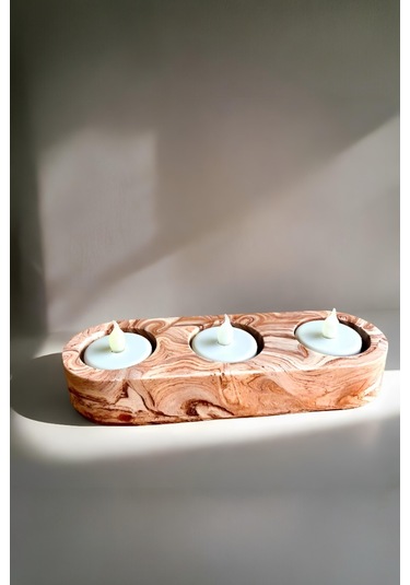 Kahverengi Mermer Desenli 3 Gözlü Beton Mumluk Minimalist Tealight Ve Dekoratif Şamdan Kahverengi