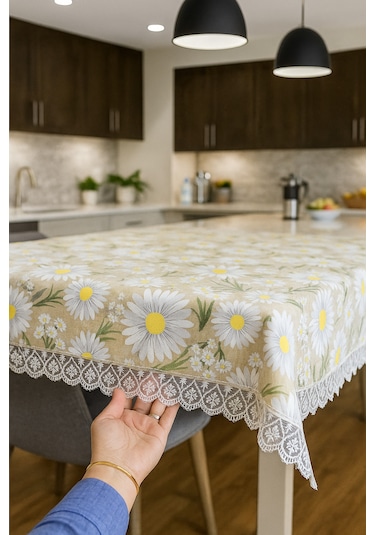 Lüks Papatya Masa Örtüsü - Dantel Süslemeli Modern Tasarım Leke Tutmaz Su Geçirmez Çok Renkli
