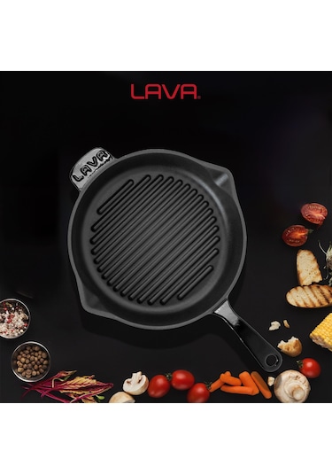 Lava Döküm Yuvarlak Izgara Tava Döküm Demir Yekpare Saplı Çap Ø 28cm. Siyah Kırmızı