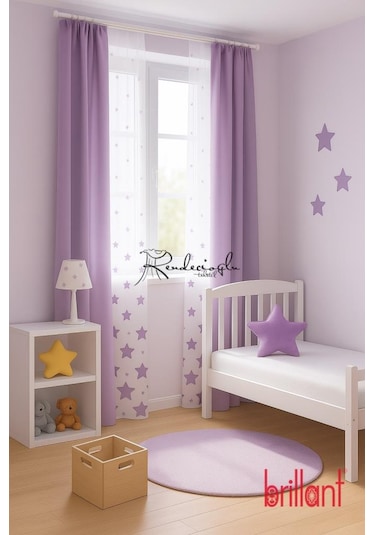 Brillant Marka Yıldız Desenli Tül Perde Örme Kumaş, Çocuk Odası İçin Özel Tasarım Mor Mor