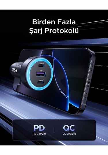 Ugreen 30w 3 Portlu Araç İçi Şarj Cihazı Çakmaklık Adaptörü, 45843