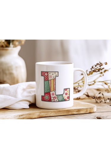 L Harfi Yılbaşı Temalı Kupa Bardak - Yeni Yıl Konsept Yamalı Efekt Tasarım - Noel Hediye Beyaz