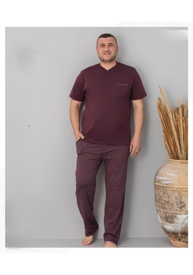 Pijamoni Erkek Battal Düğme Yaka Penye Kısa Kol Pijama Takımı 6730/2 - 1 Adet Vişne Çürüğü
