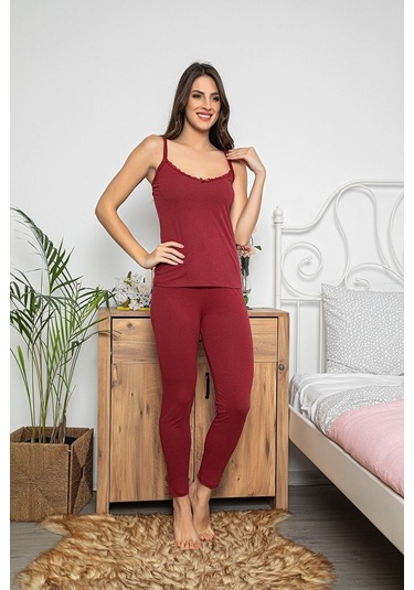 Kadın Bordo Renkli Dantel Detaylı Şortlu Ve Taytlı Pijama Takımı 3'lü Set 75018 Bordo