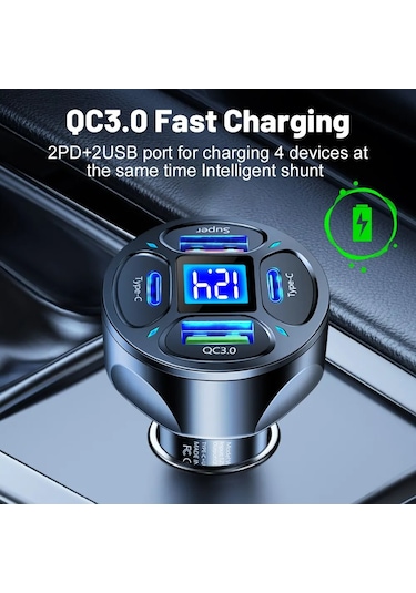 Zuidid Zd66w Dijital Ekranlı 2 Usb + 2 Type C Hızlı Araç Şarjı