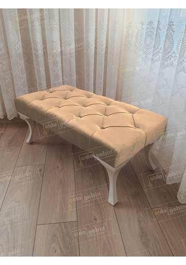 Kapitoneli Ayak Ucu Kapı Önü Antre Bench Puf Beyaz Ayak 120 45 Vizon