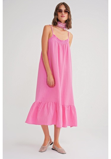 4740 Kadın Askılı Müslin Midi Elbise Pembe Pembe