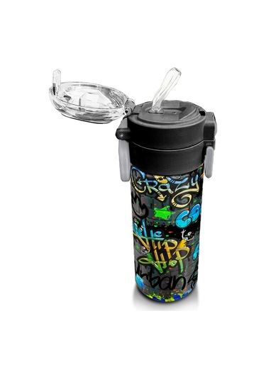 Coral High Kids Siyah Mavi Grafiti Desenli Pipetli Ve Direkt İçim Çelik Termos 500 Ml 31972 Saks Mavi