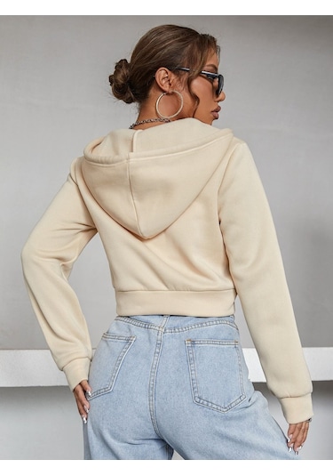 Kadın Kapüşonlu Fermuarlı Crop Hırka Sweatshirt -üç İplik Şardonlu