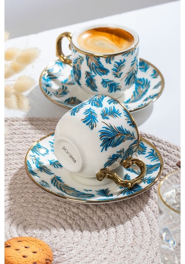 Porsima Yalın Altın Yaldızlı 6 Kişilik 12 Parça Fincan Seti Türk Kahvesi Takımı Kahve Fincanı Gül Kurusu