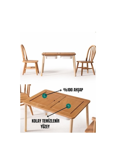 Montessori Çift Hazneli 2 Sandalyeli Aktivite Masası Hugo Ahşap