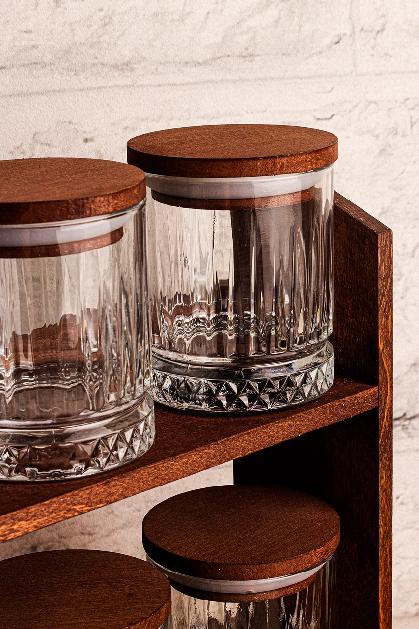 Mira Küçük - Standlı 8'li Vakumlu Ahşap Kapaklı Cam Baharatlık Takımı Saklama Kabı Seti 210 Ml Ahşap