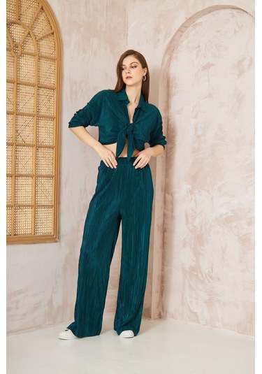 Kadın Pliseli Beli Lastikli Pantolon Tunik Gömlek Ikili Bürümcük Salaş Takım 3573300 Petrol
