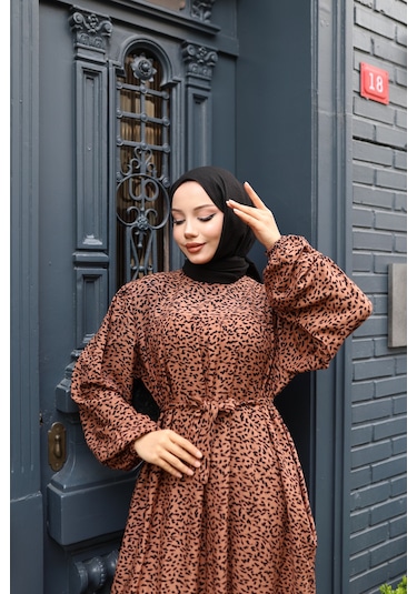 Kadın Kahve %100 Viskon Robalı Salaş Model Kuşaklı Battal Maxi Boy Tesettür Elbise Vbtl3324 Kahve