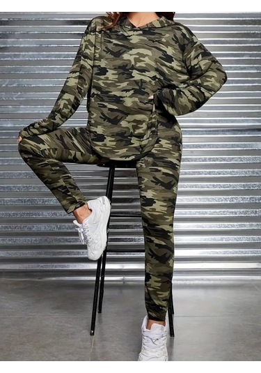 Tua Moda Kadın Uzun Kollu Kapşonlu Kamuflaj Desenli Bluz Ve Pantolon Tayt Ikili Takım Yeşil