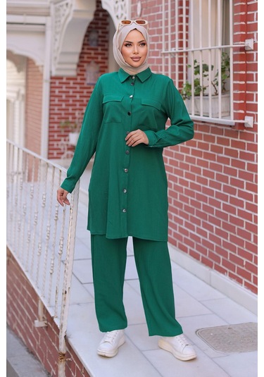Cep Detaylı Tesettür Yeşil Takım Yeşil